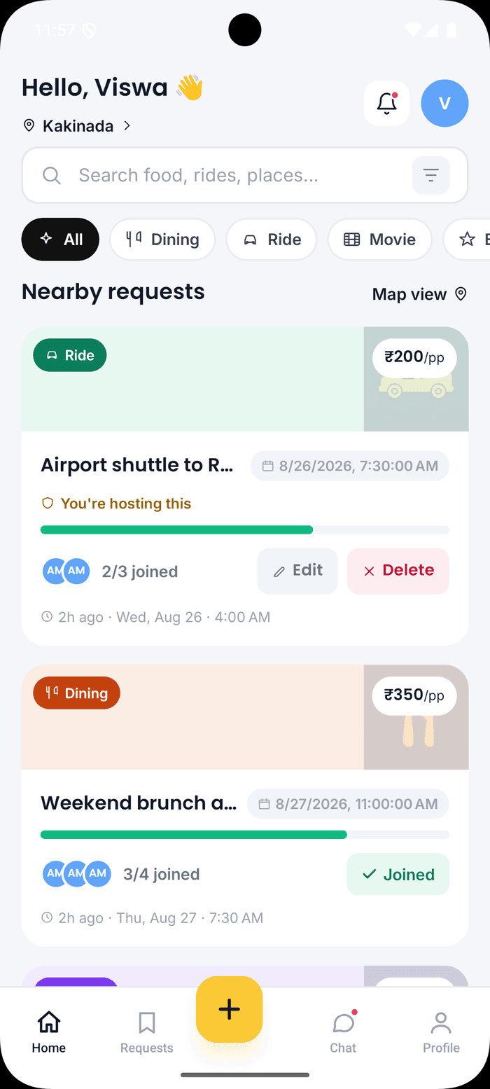 YOYU Home feed showing nearby requests
